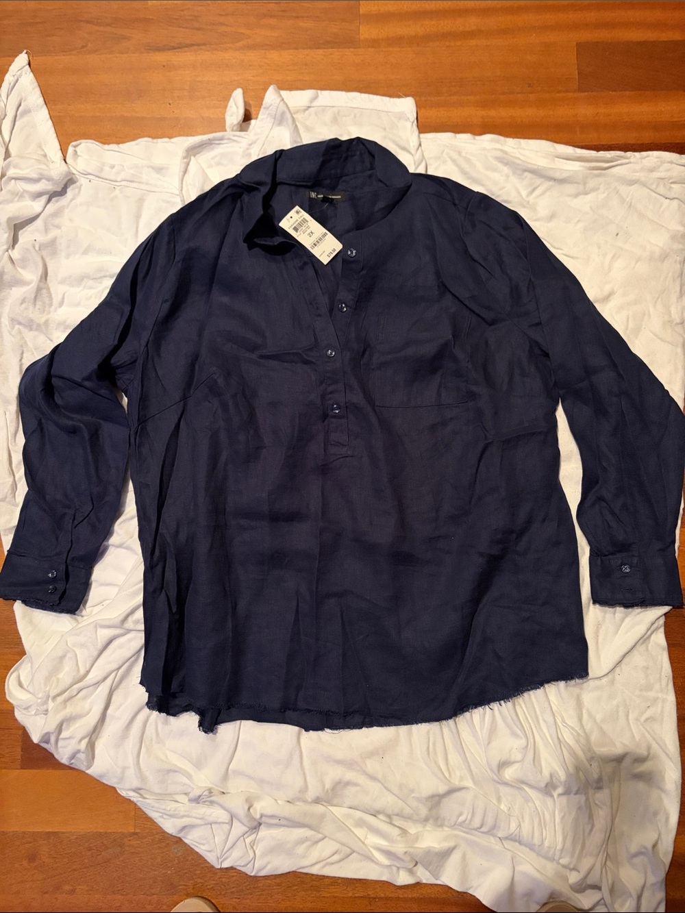 INC International Concepts Linen Navy Long-Sleeve Button Front Shirt
